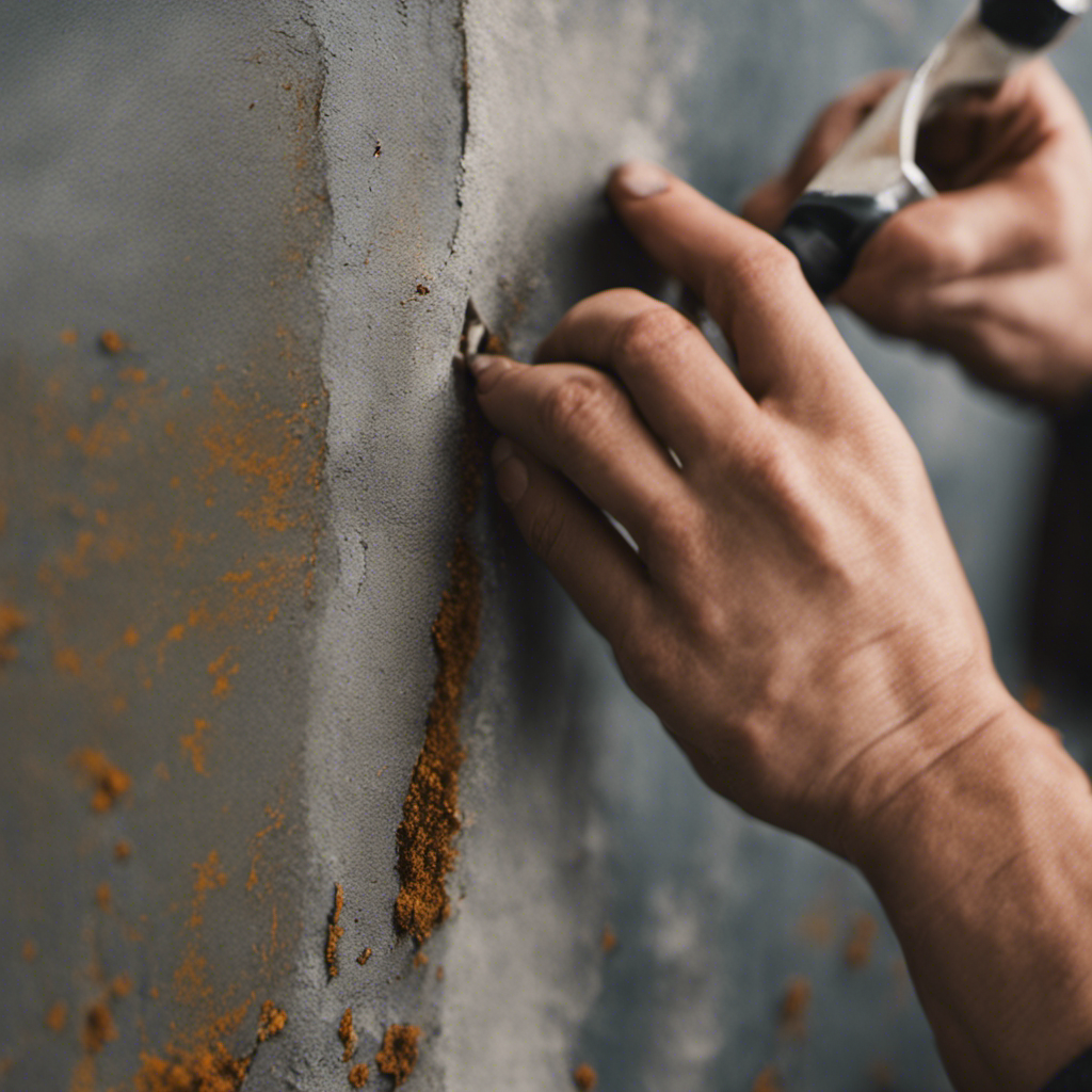 An image showcasing a close-up of a wall in need of touch-up, with a painter diligently sanding the surface, filling cracks and holes, and priming the area, capturing the step-by-step process of surface preparation for perfect paint touch-ups in York