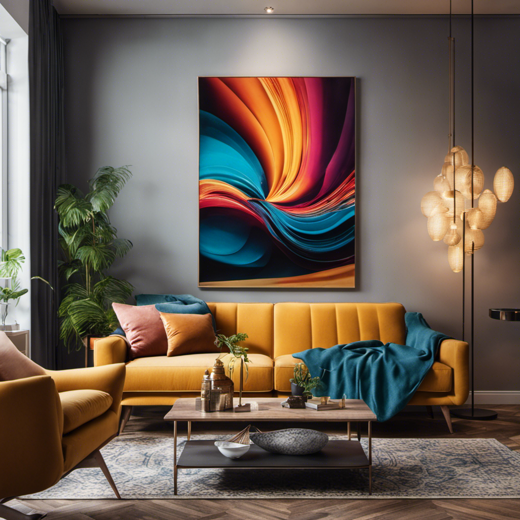 An alluring image capturing a modern living room adorned with an awe-inspiring wall art installation in vibrant hues, effortlessly transforming the space into a captivating sanctuary of creativity and sophistication