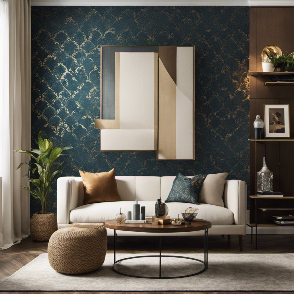 An image showcasing a stylish living room with a meticulously installed York wallpaper, highlighting a variety of patterns, colors, and textures