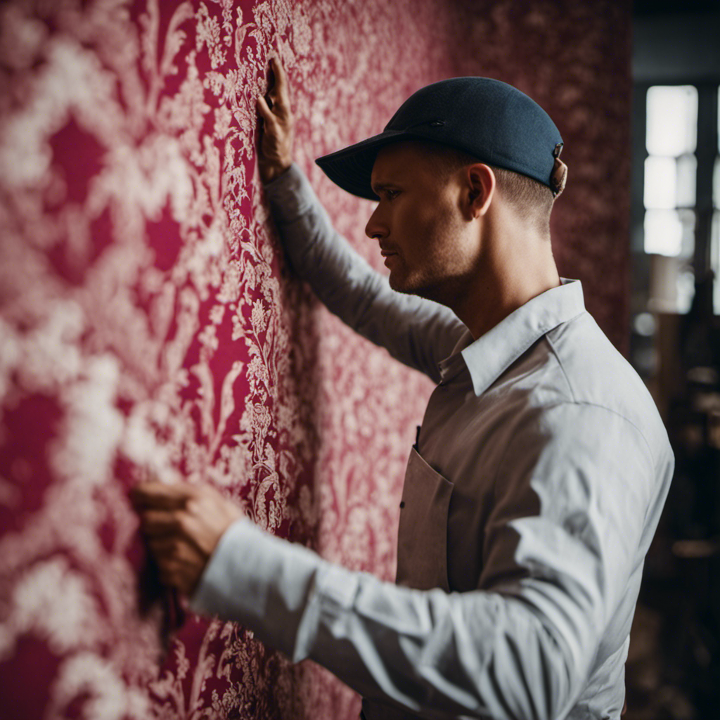 An image capturing a close-up of a skilled artisan meticulously smoothing a perfectly prepared wall, with a vibrant roll of York's wallpaper waiting to adorn it, showcasing the essentiality of flawless wallpaper preparation