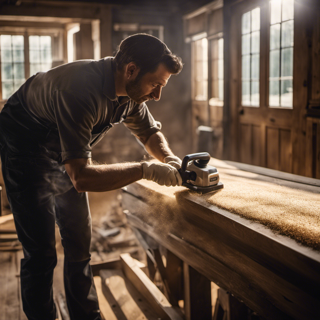 An image showcasing a skilled craftsman meticulously sanding a weathered wooden surface, revealing its hidden beauty