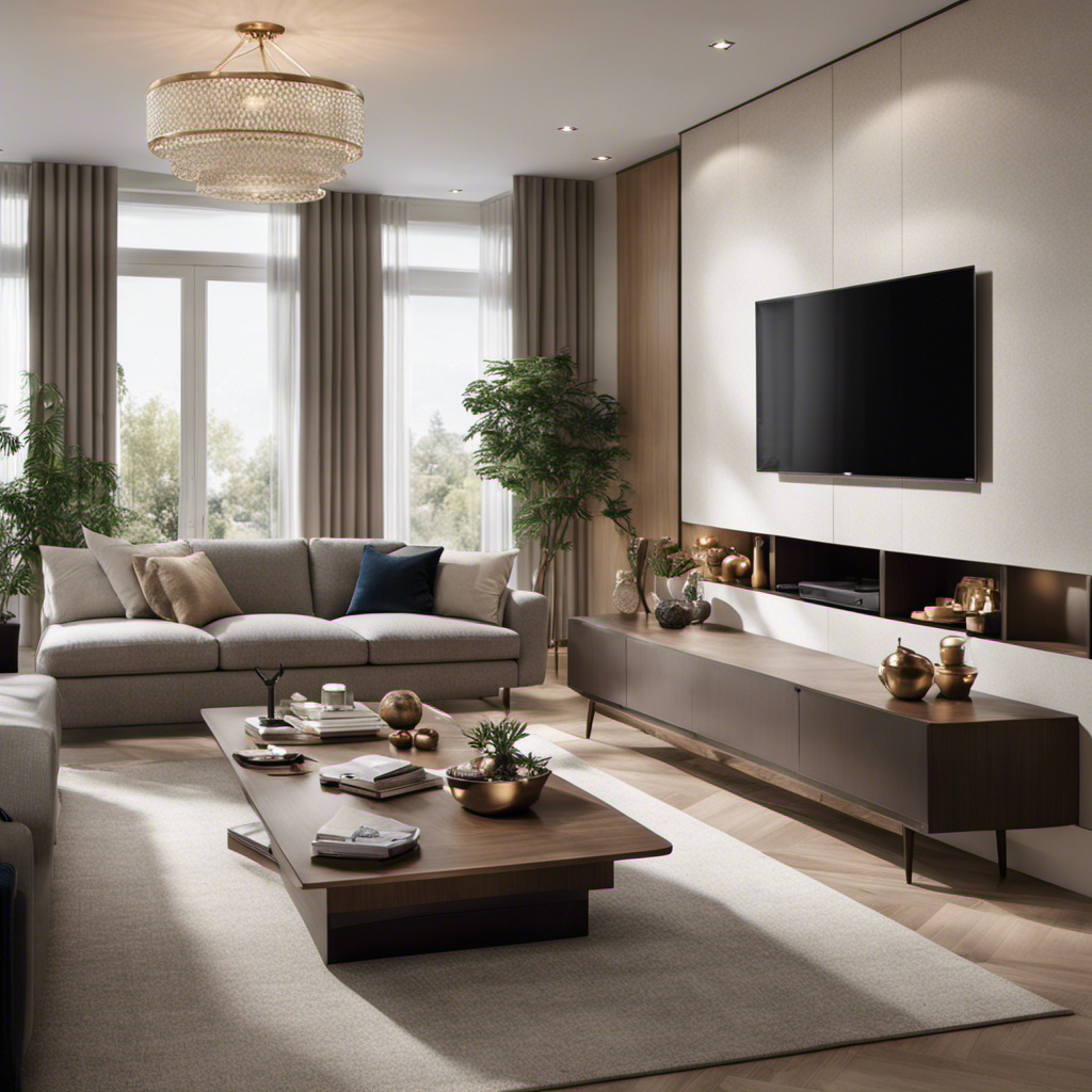 An image capturing a luxurious, spacious living room with cleverly integrated storage solutions, multifunctional furniture, and seamless flow to an adjoining kitchen, exemplifying the art of maximizing space and functionality in elite home renovations