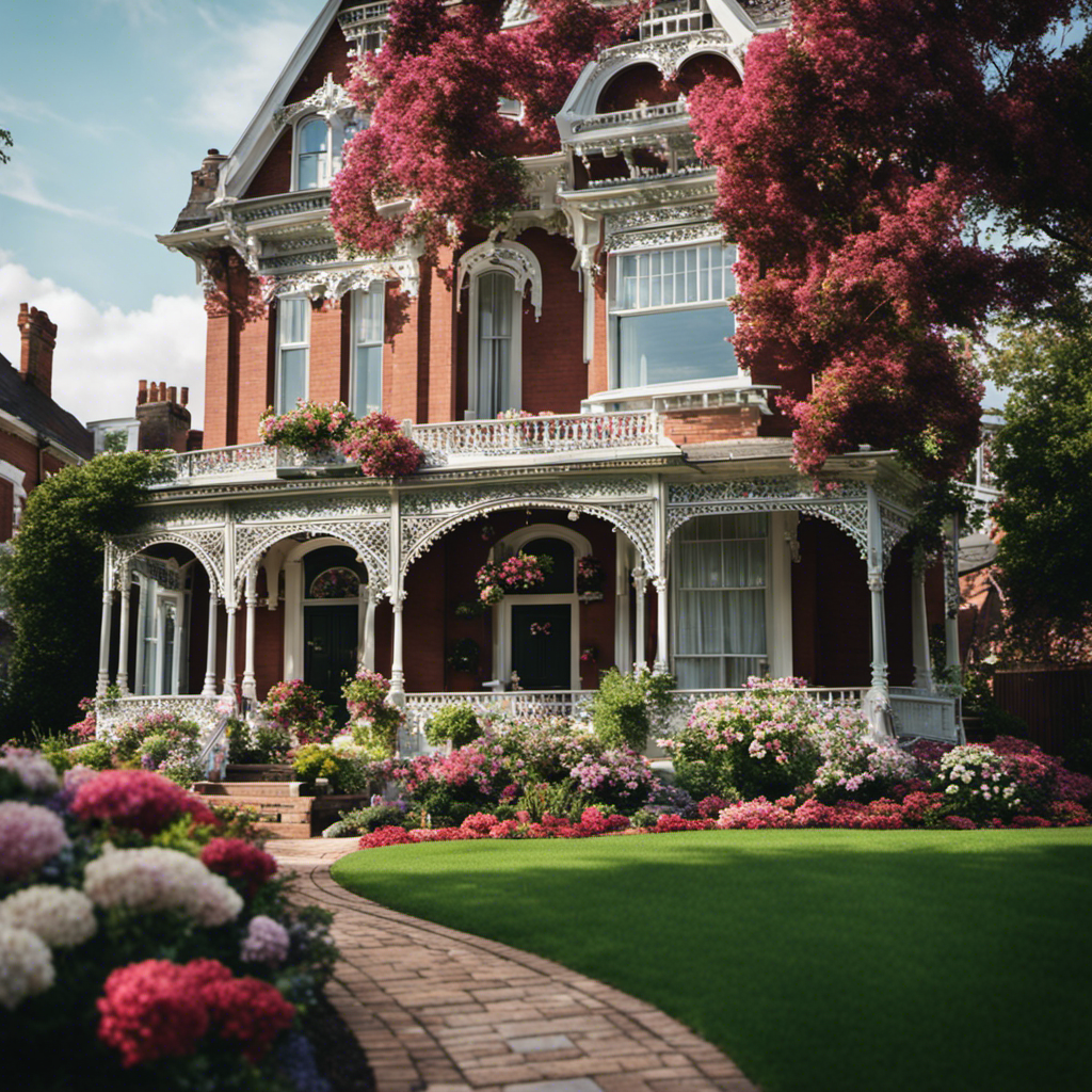 An image showcasing a beautifully restored Victorian home in York, adorned with vibrant flower beds, a meticulously manicured lawn, and a grand entrance lined with elegant lighting, offering inspiration for enhancing curb appeal