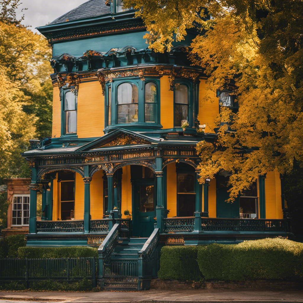 An image showcasing a skilled professional painter meticulously applying layers of vibrant colors to a beautifully restored Victorian home in York