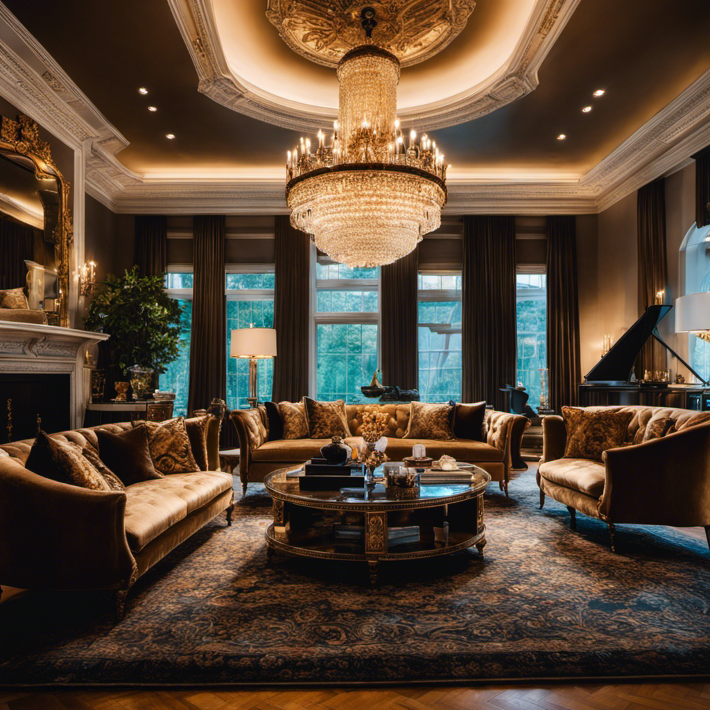 An image capturing a luxurious living room in York's elite home renovation, adorned with opulent chandeliers casting a warm glow over plush velvet sofas, intricate crown molding, and exquisite art pieces