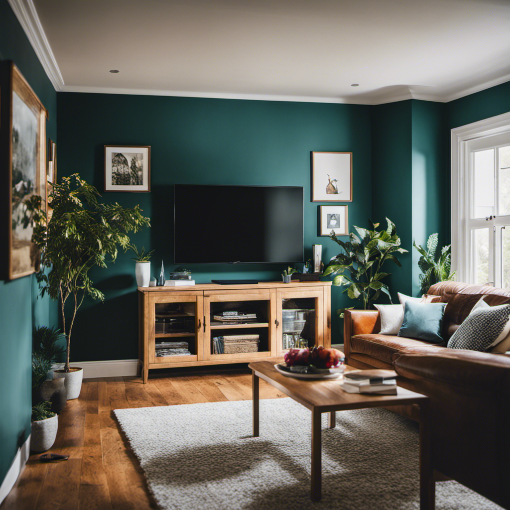 An image showcasing a homeowner's delight upon discovering a professional painter in York, transforming their dull living room into a vibrant space, all while saving money through cost-effective home improvement solutions