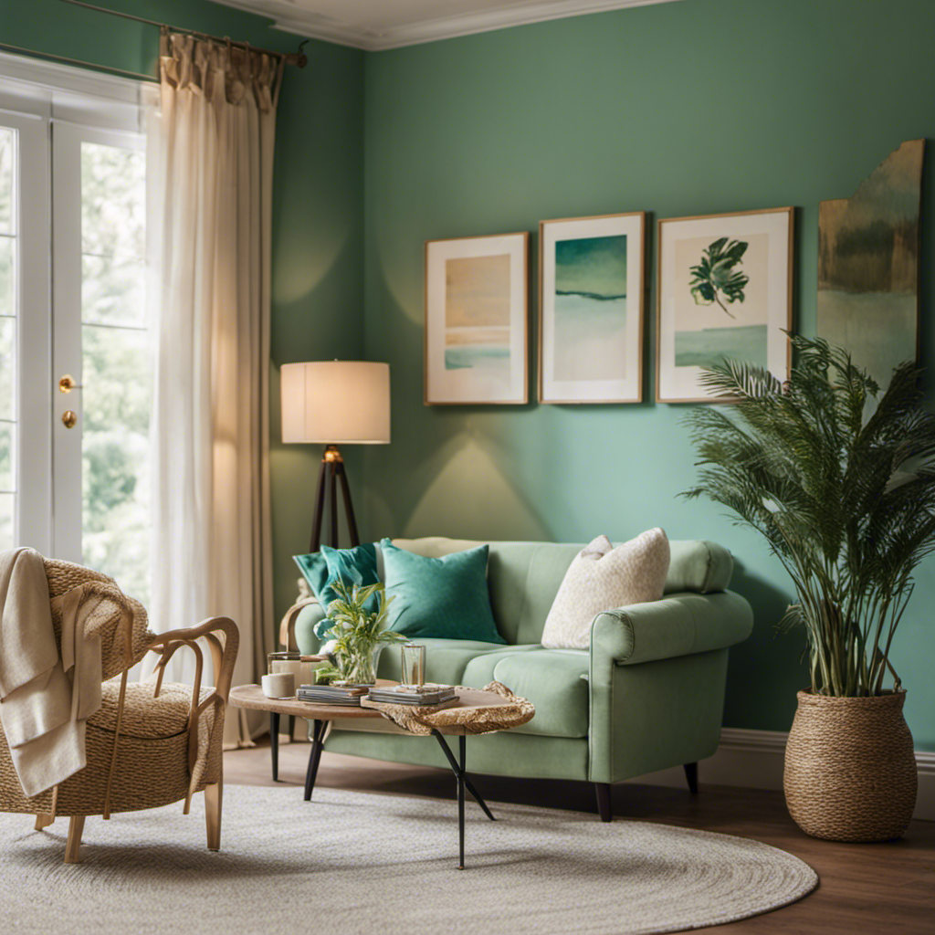 An image featuring a vibrant living room with freshly painted walls in calming shades of seafoam green and cream