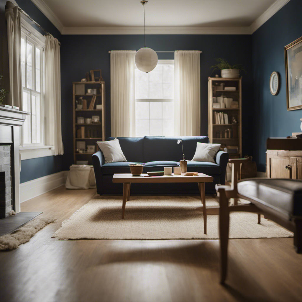 An image that showcases a room with neatly stacked furniture, covered floors, and masked fixtures