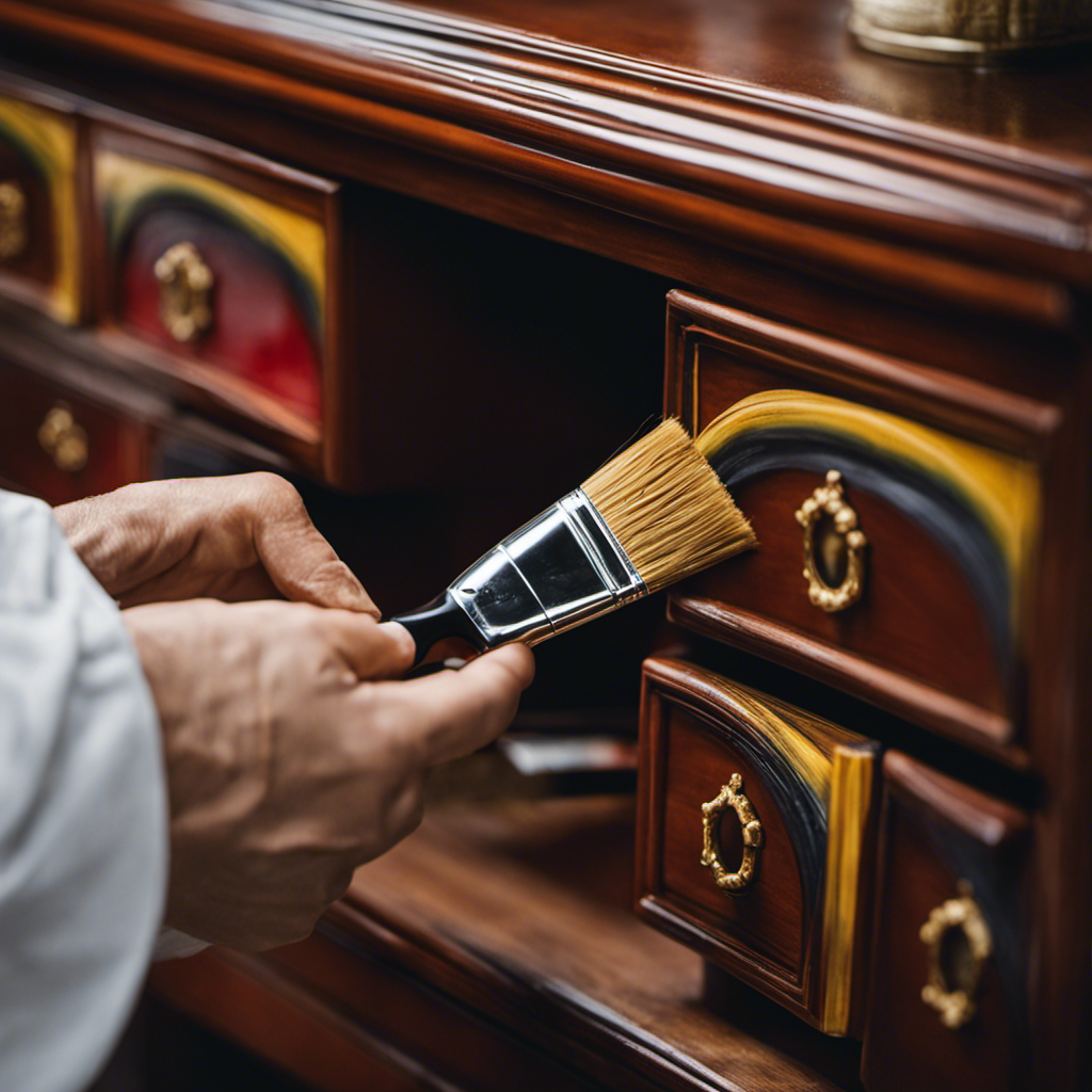 An image showcasing a professional painter delicately applying a flawless coat of paint to a York cabinet, capturing the intricate brush strokes and vibrant colors that ensure a smooth, durable finish