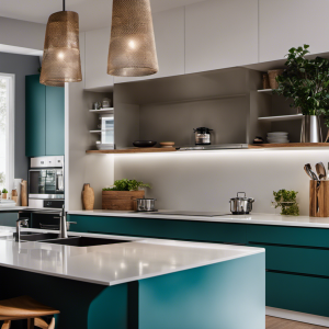 An image showcasing glossy, freshly painted cabinets in a modern kitchen