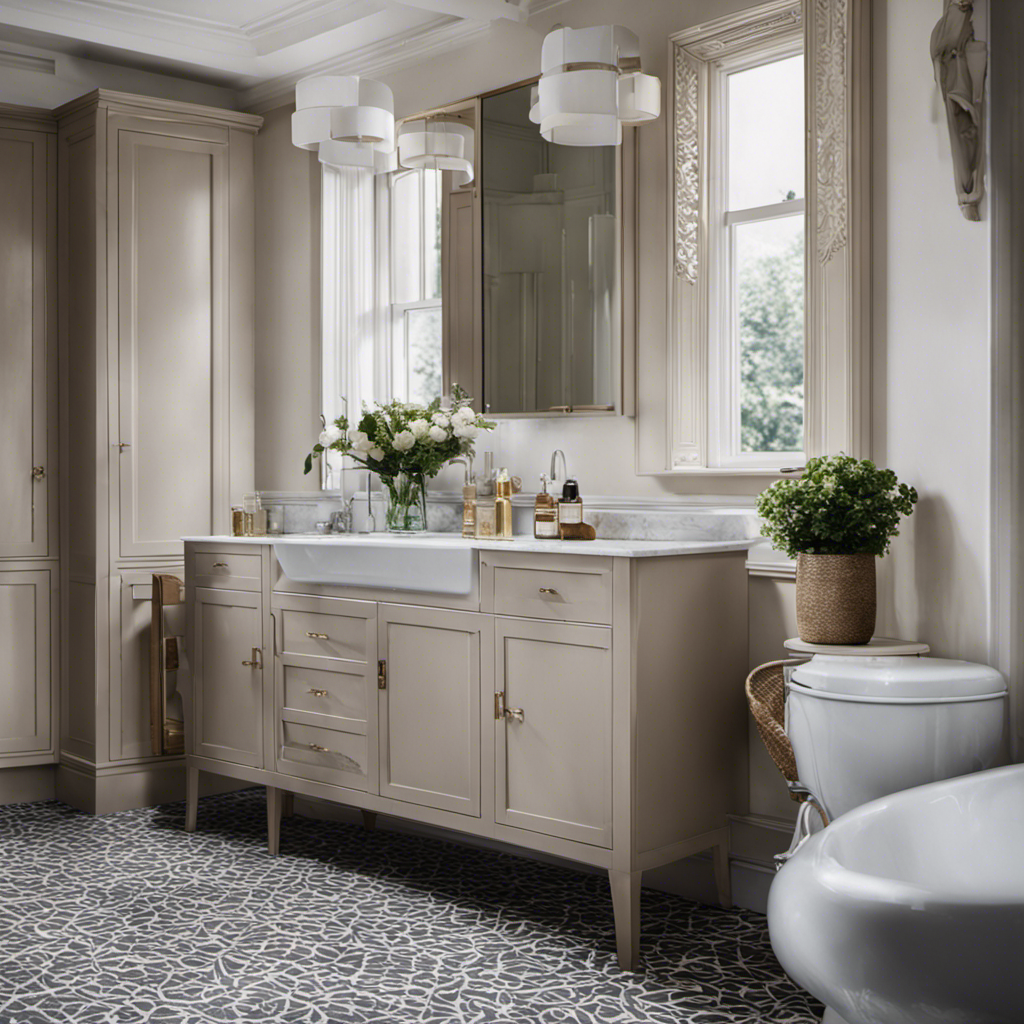 An image showcasing a beautifully painted bathroom cabinet in York, with a sleek, glossy finish that perfectly complements the surrounding tiles and enhances the overall elegance and charm of the space