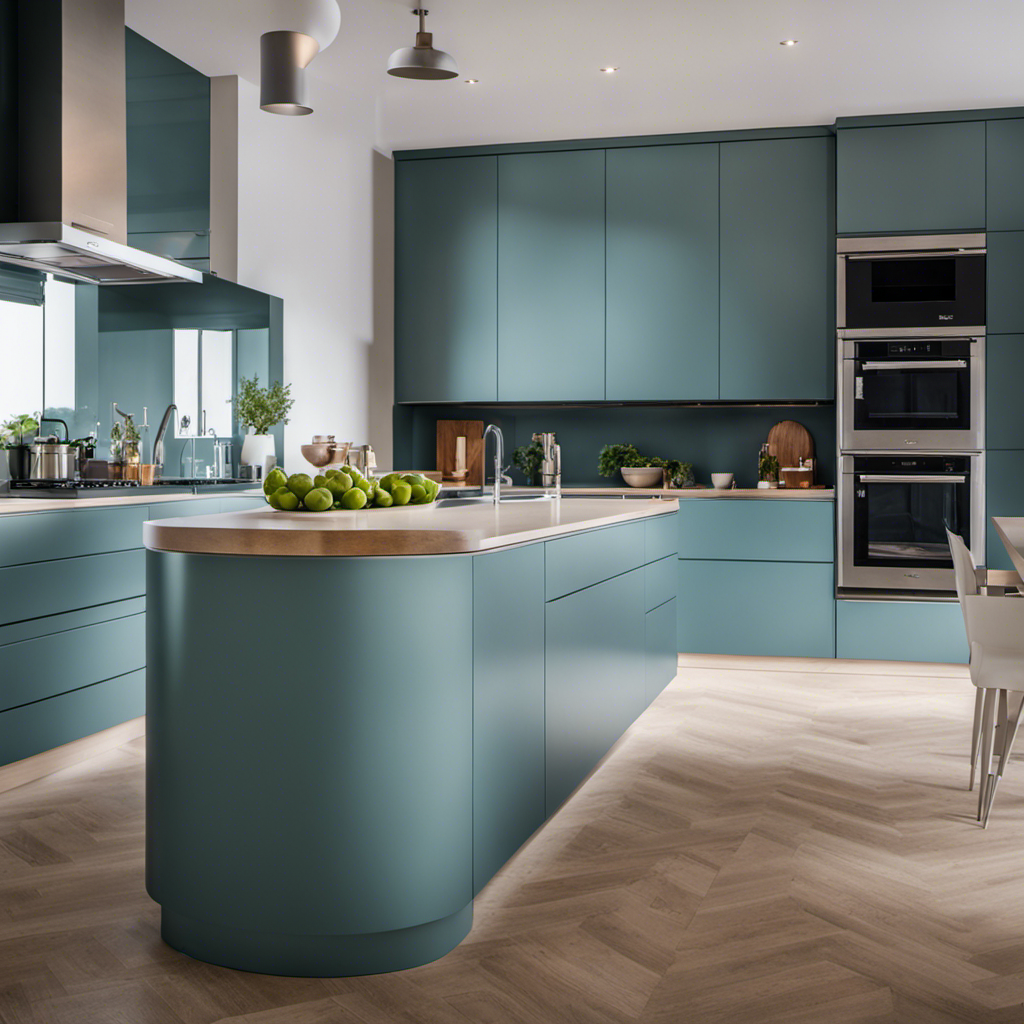 An image of a transformed kitchen with freshly painted cabinets in vibrant colors, emanating a sleek and modern atmosphere