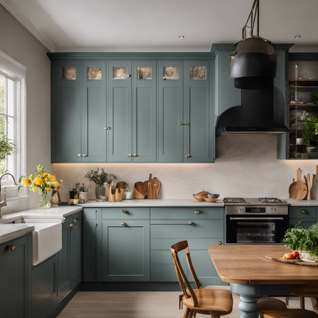 An image showcasing a beautifully transformed kitchen, with freshly painted cabinets gleaming in a sophisticated shade