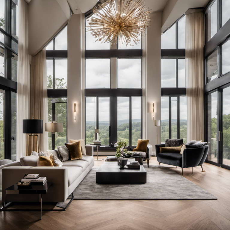 An image showcasing a luxurious living room transformation in York, featuring exquisite hardwood flooring, a modern fireplace, floor-to-ceiling windows with breathtaking views, and elegant contemporary furniture