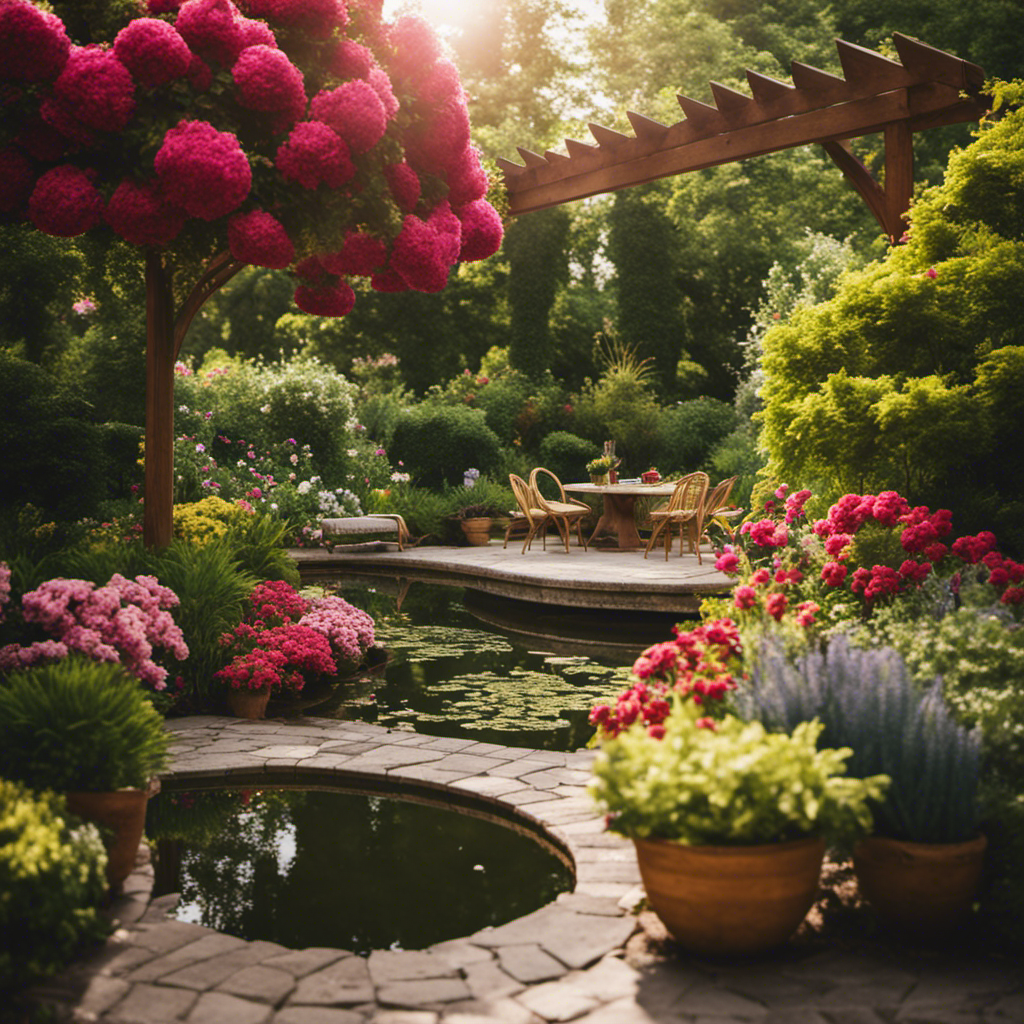 An image that showcases a lush outdoor oasis, featuring a beautifully manicured garden with vibrant flowers, a tranquil pond surrounded by cozy seating, and a stunning pergola providing shade and elegance