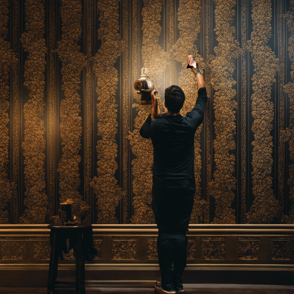 An image showcasing a skilled wallpaper installer in York meticulously aligning intricate patterns on a wall, highlighting the precision and expertise required for flawless results