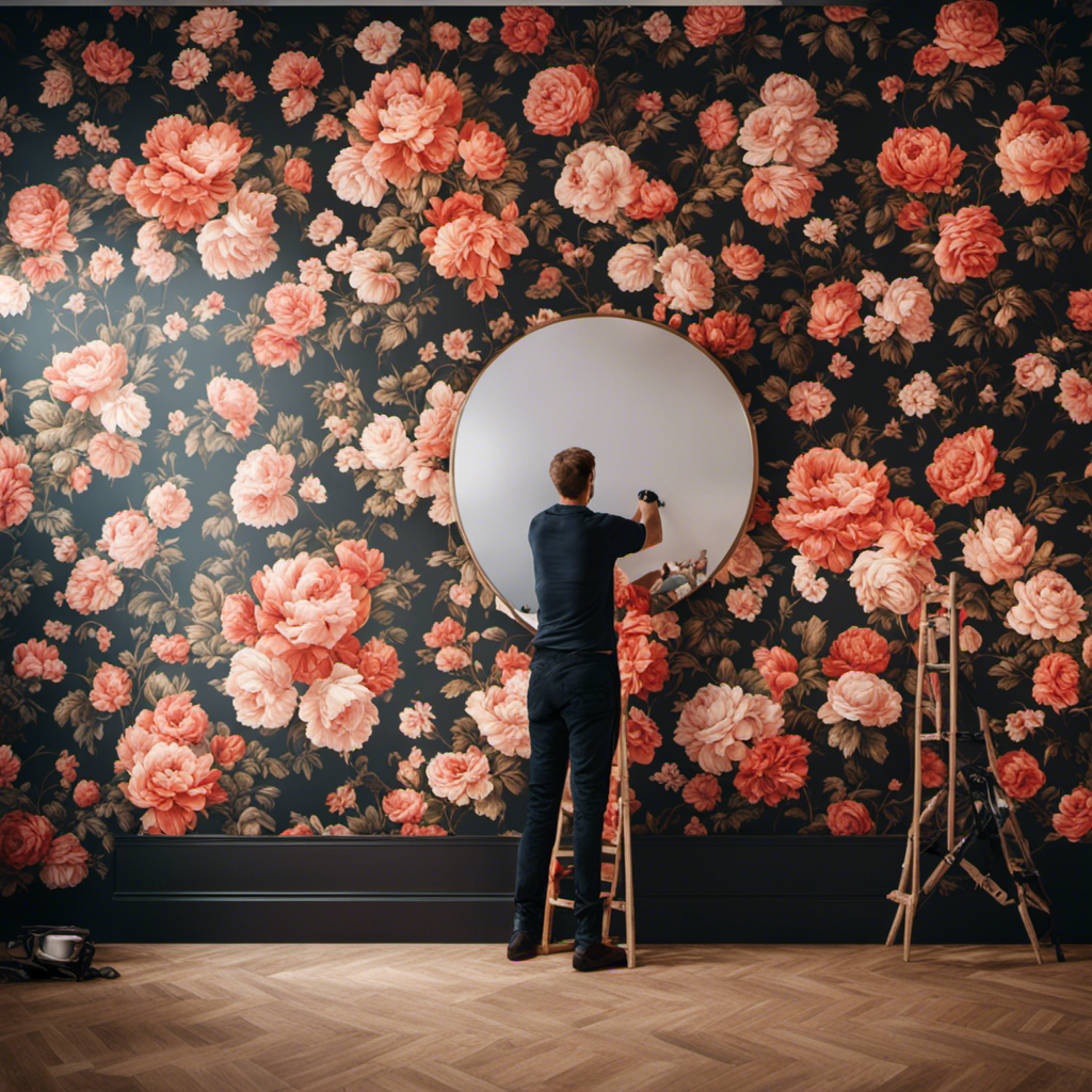 An image showcasing a skilled wallpaper installer in York, meticulously smoothing out vibrant, flawless wallpaper onto a wall