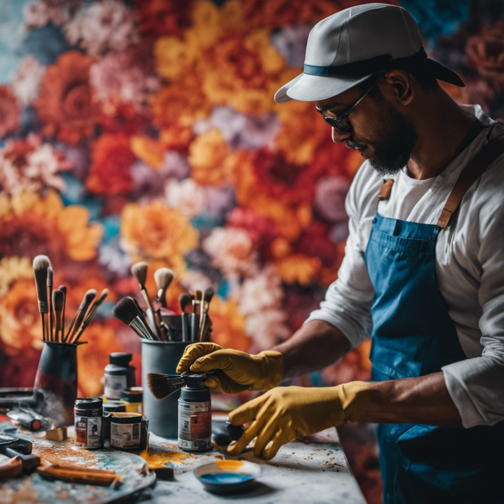 An image showcasing a skilled painter meticulously applying a smooth coat of paint to a wall, while a decorator delicately arranges vibrant wallpaper patterns, surrounded by an array of tools and equipment