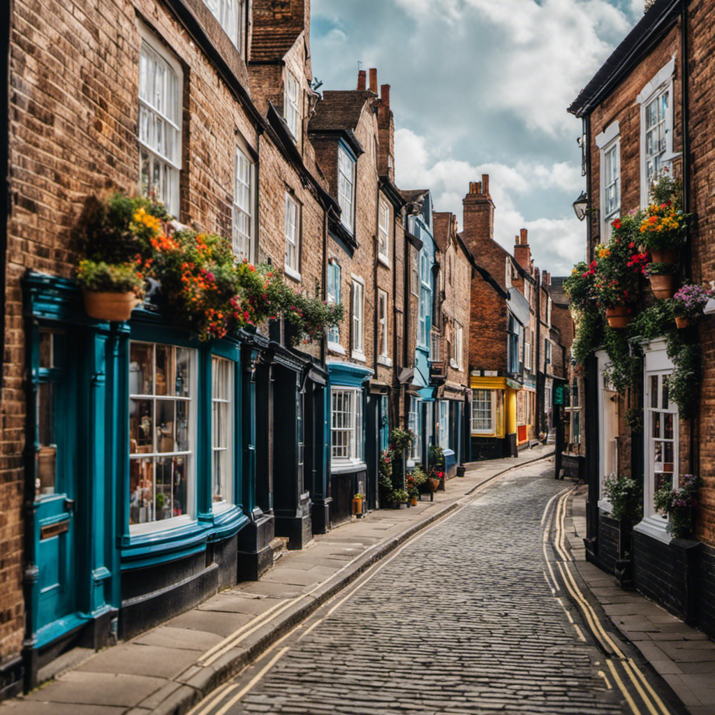 An image showcasing a picturesque street in York, vibrant with colorful houses adorned with intricate paintwork