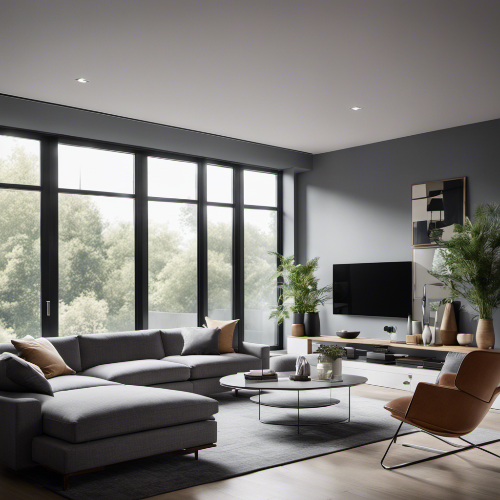 An image showcasing a sleek, minimalist living room with freshly painted walls in cool gray tones, complemented by contemporary furniture, vibrant abstract artwork, and abundant natural light streaming through large windows