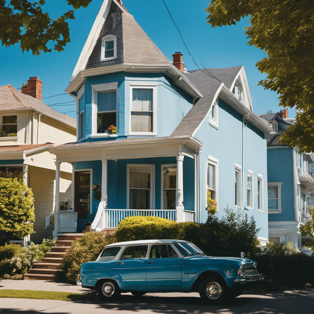 An image showcasing two charming York homes on a sunny day, one painted in a vibrant shade of blue with white accents, and the other in a soothing pastel yellow, both exuding a fresh and inviting curb appeal