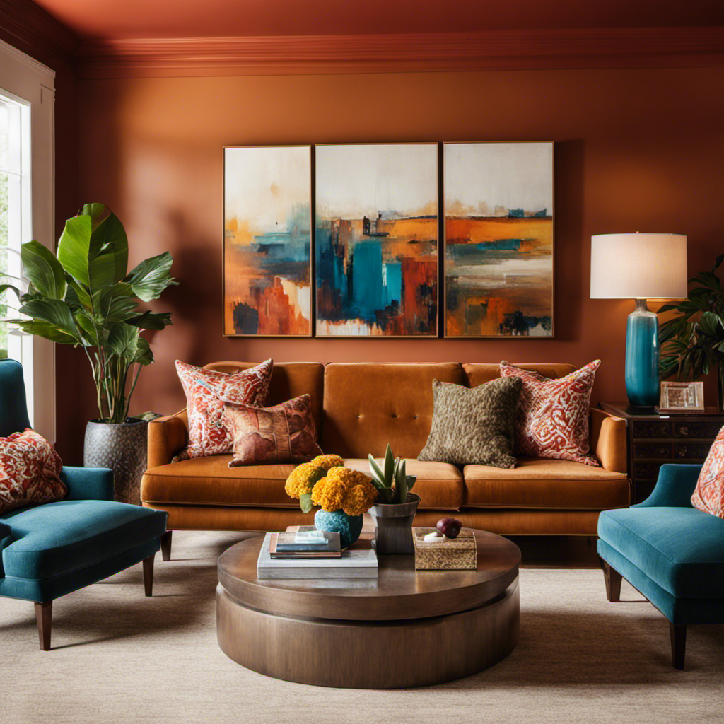 An image showcasing a vibrant living room with warm, earthy tones on the walls, complemented by rich, contrasting pops of color in the furniture and décor, illustrating the transformative power of expert residential painting services