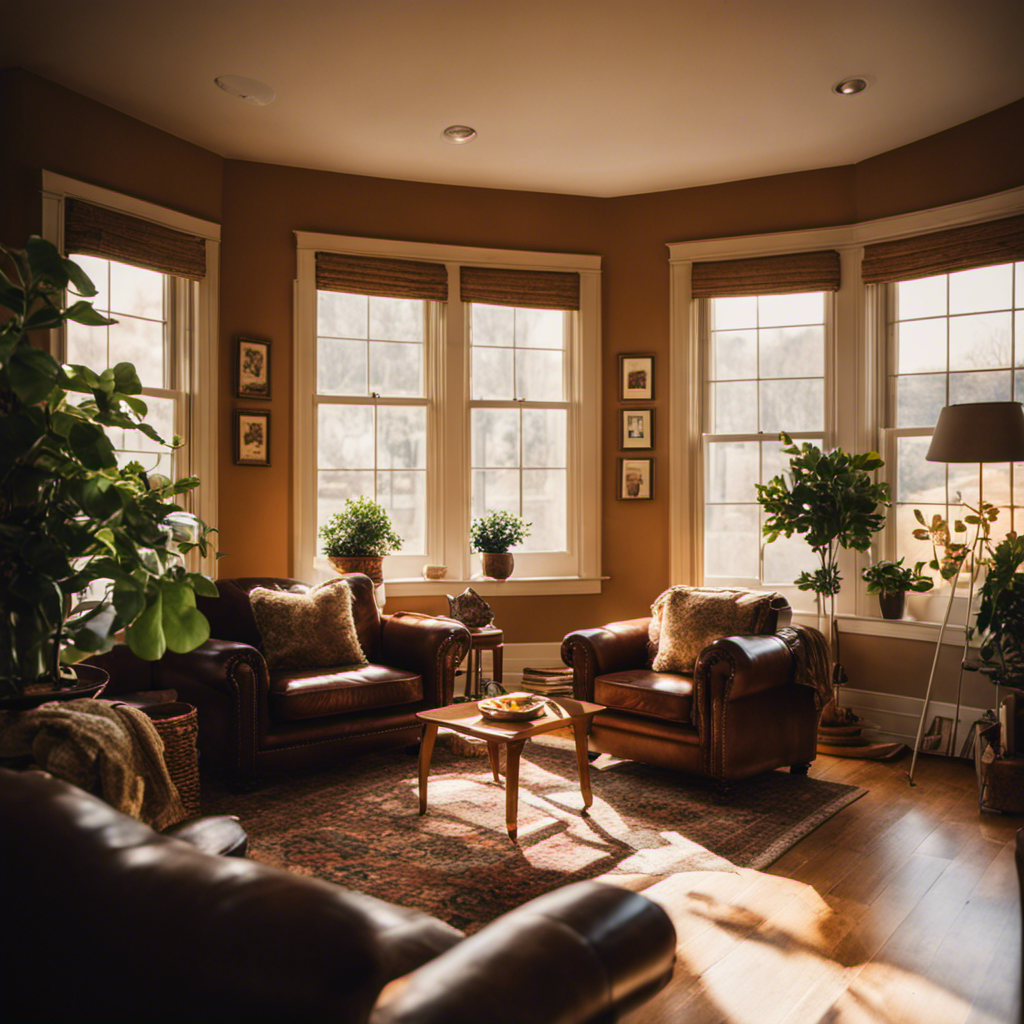 An image of a living room bathed in warm, earthy tones