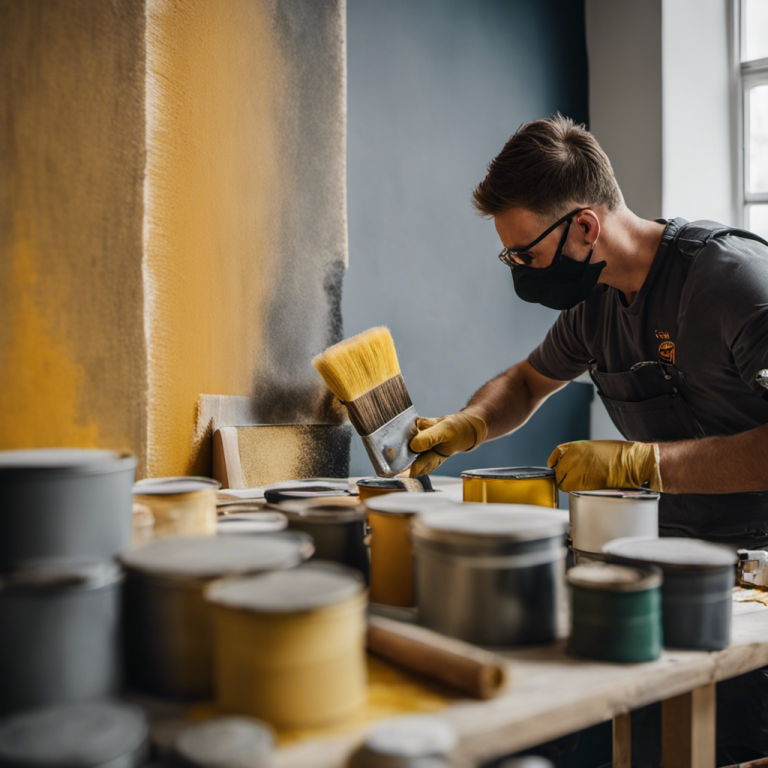 An image showcasing a professional painter meticulously sanding a wall to perfection, with dust particles suspended in sunlight