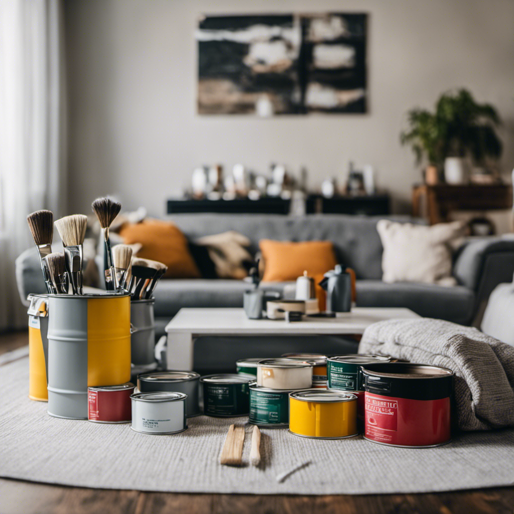 An image showcasing a cozy living room with tape, drop cloths, and paint cans neatly arranged