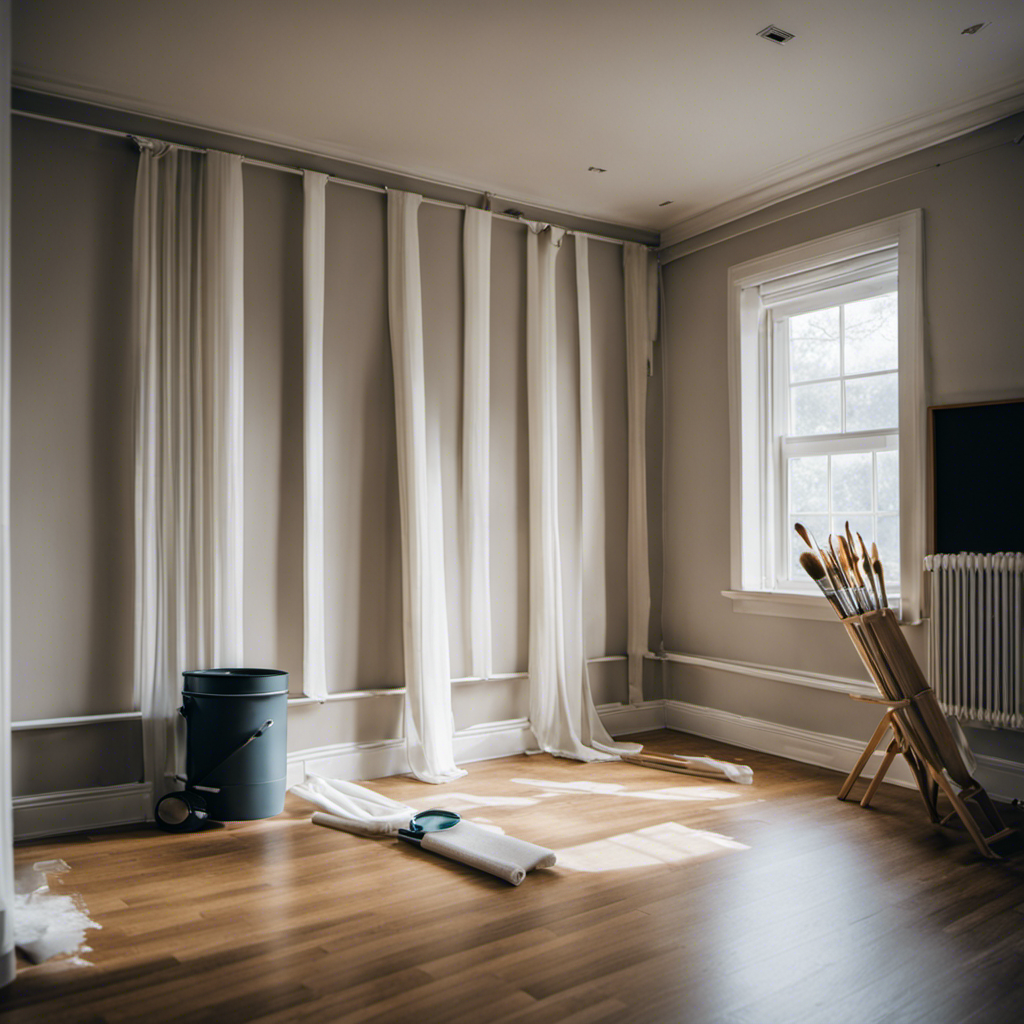 An image of a neatly taped wall, with drop cloths covering furniture and floors