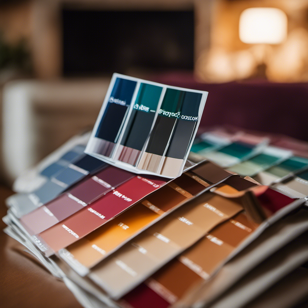 An image showcasing various paint swatches in warm and cool tones, positioned against a backdrop of a cozy living room