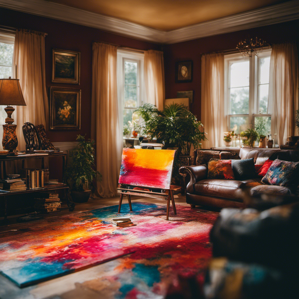 An image showcasing a skillful painting contractor meticulously transforming a dull, worn-out living room into a vibrant masterpiece