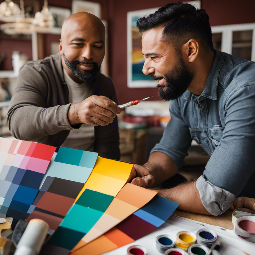 An image showcasing a homeowner and a professional painter engaged in a conversation, surrounded by color swatches, project sketches, and measuring tape, exemplifying the consultation process offered by York's Premier Painting Contractors