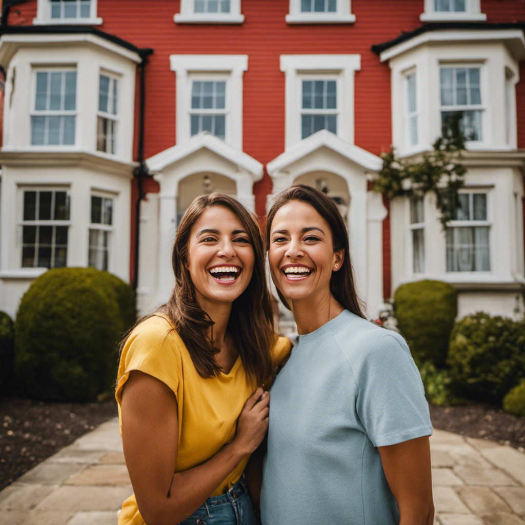 An image showcasing ecstatic homeowners smiling in front of their impeccably painted homes, radiating satisfaction