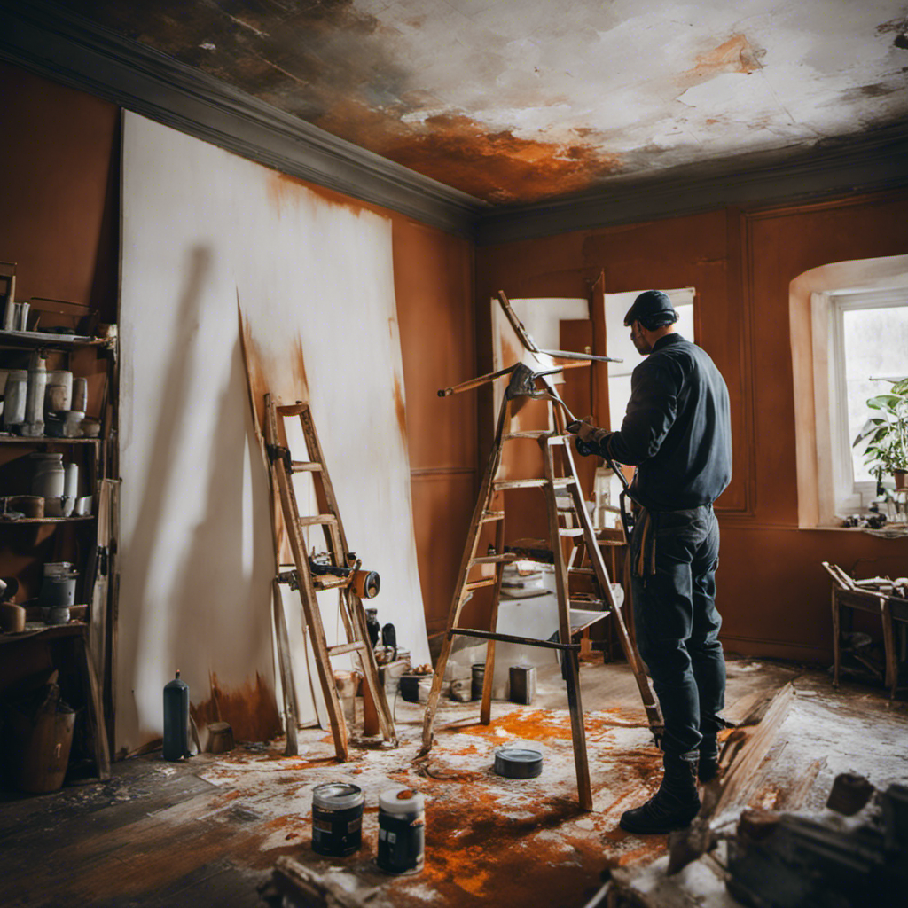 An image showcasing a team of skilled painters meticulously transforming a worn-out room into a stunning masterpiece