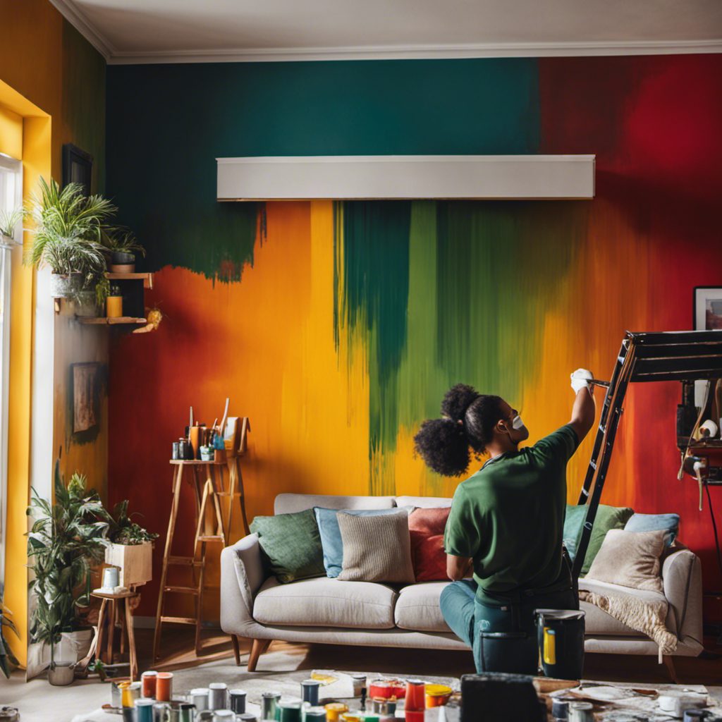 An image that showcases a team of skilled painters meticulously applying vibrant colors to the walls of a contemporary living room, surrounded by neatly arranged paintbrushes, rollers, and an assortment of paint cans