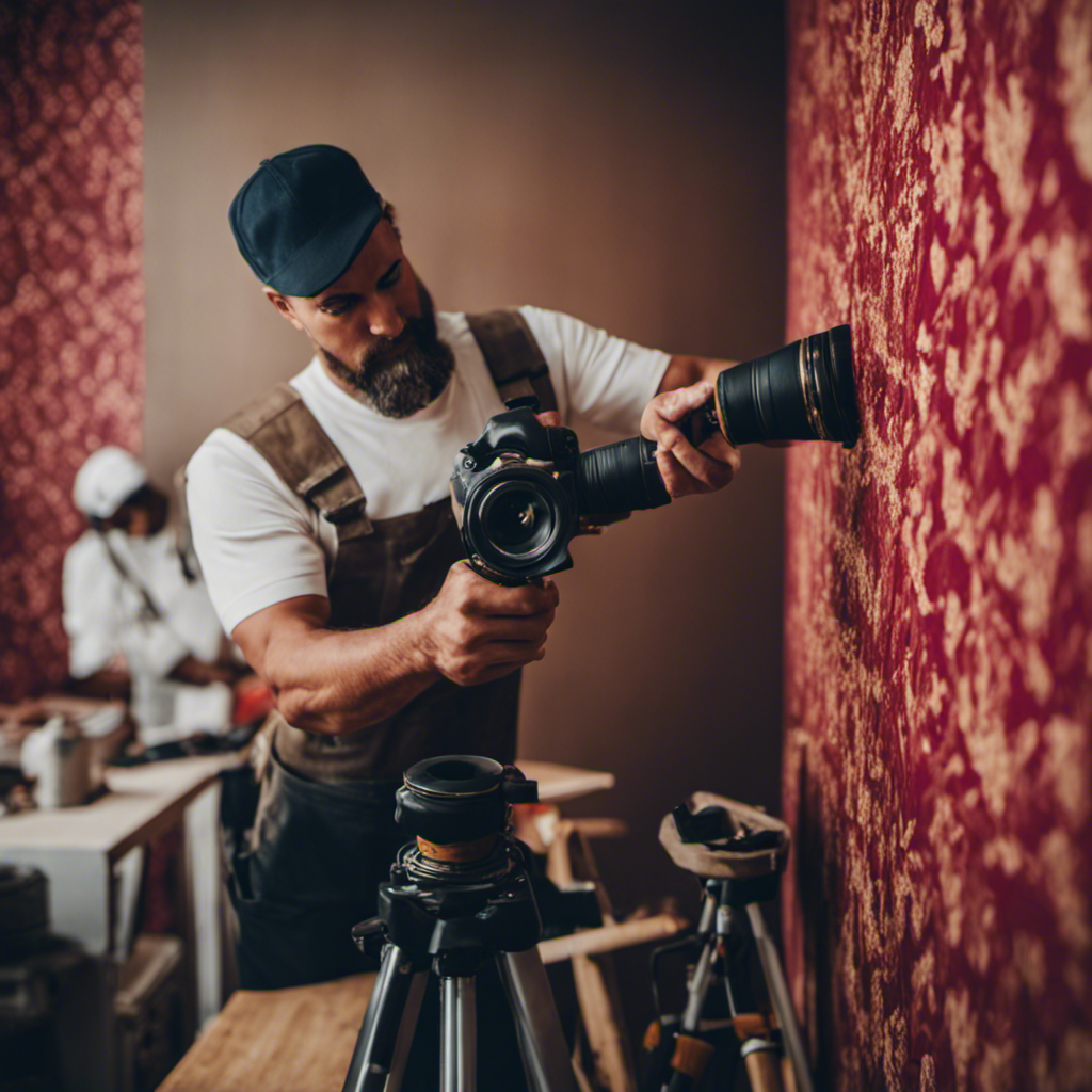 An image showcasing a skilled professional wallpaper installer in action, meticulously smoothing out a vibrant, patterned wallpaper with precision tools against flawlessly plastered walls, reflecting impeccable attention to detail and expertise