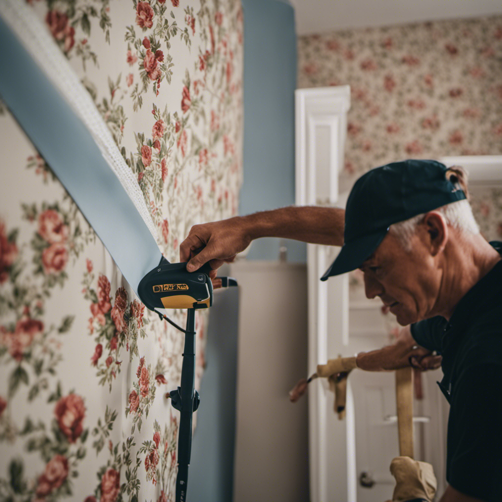 An image showcasing a professional wallpaper installer in York carefully measuring and cutting wallpaper, smoothing it onto flawless walls with a smoothing brush, and using a seam roller to ensure a perfect finish