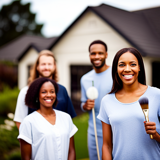 An image showcasing a diverse group of satisfied customers, each holding a paintbrush and smiling in front of their freshly painted homes, adorned with York's Top-Rated Exterior Painting Services logo