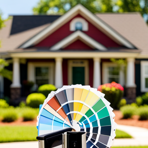 An image showcasing various color swatches and paint samples against a backdrop of different home exteriors