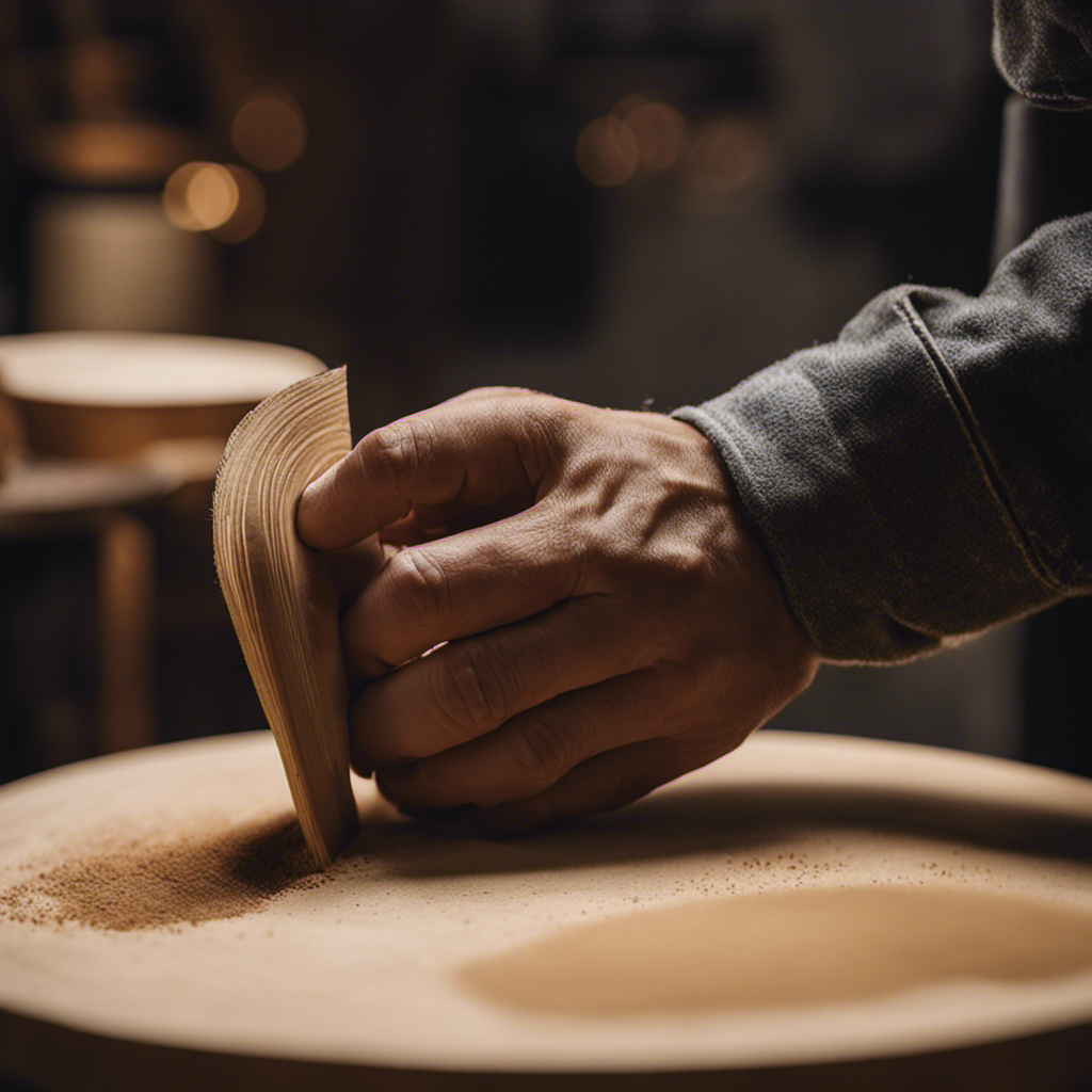 An image showcasing a skilled hand meticulously sanding a wooden surface, revealing the flawless texture underneath