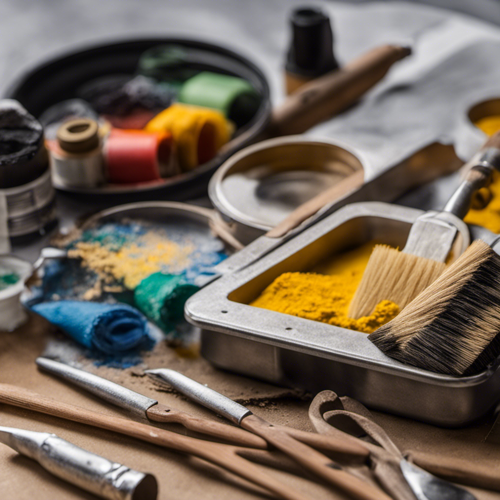 An image showcasing a painter's essential tools and materials for surface preparation: sandpaper of various grits, masking tape, drop cloths, putty knife, chemical paint remover, and a paint roller tray with brushes